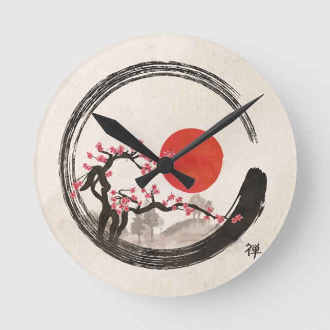 Zen Enso Circle and Sakura Tree Round Clock (Front)