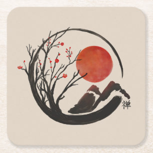 Zen Enso Circle and Sakura Tree Square Paper Coaster
