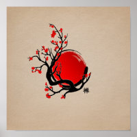 Zen Enso Circle, Sun and Red Sakura Blossom
