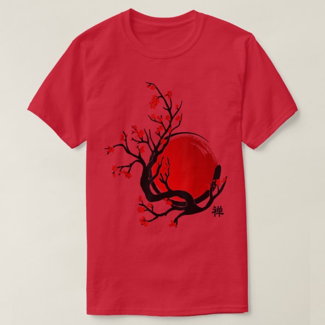 Zen Enso Circle, Sun and Red Sakura Blossom  T-Shirt (Design Front)