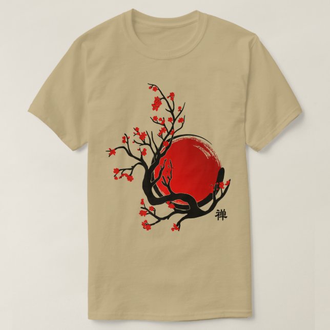 Zen Enso Circle, Sun and Red Sakura Blossom  T-Shirt (Design Front)