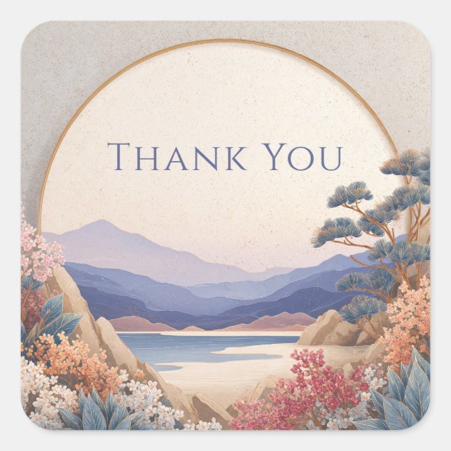 Zen Indigo Mountain Circle Gold Frame Peach Floral Square Sticker (Front)