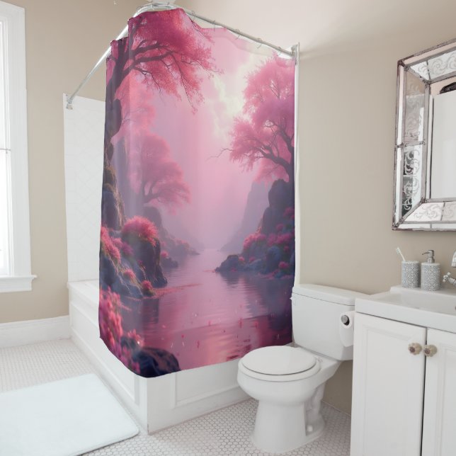 Zen landscape in flamingo pink shower curtain (In Situ)