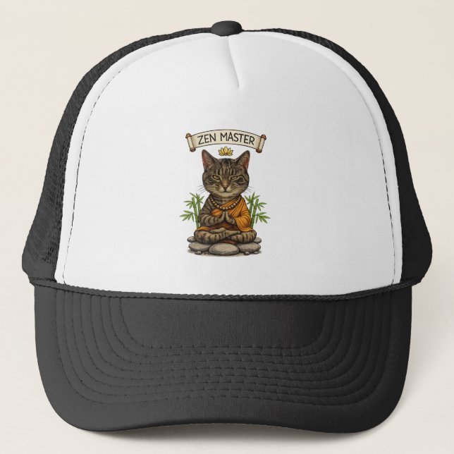 Zen Master Cat Funny Chill Grey Tabby Cat Gift  Trucker Hat (Front)