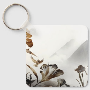 Zen Misty Mountain Birds Minimalist Nature Key Ring