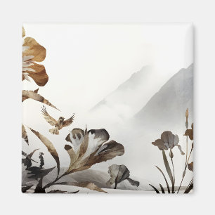 Zen Misty Mountain Birds Minimalist Nature Magnet