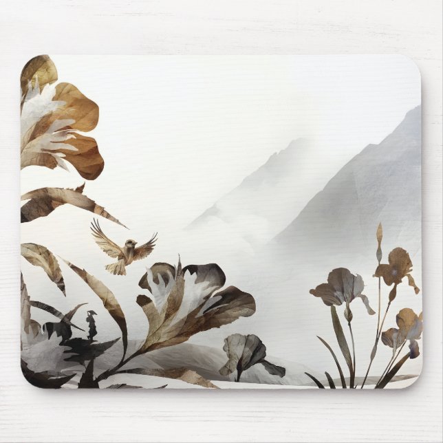 Zen Misty Mountain Birds Minimalist Nature Mouse Pad (Front)