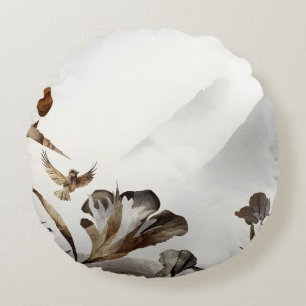 Zen Misty Mountain Birds Minimalist Nature Round Cushion