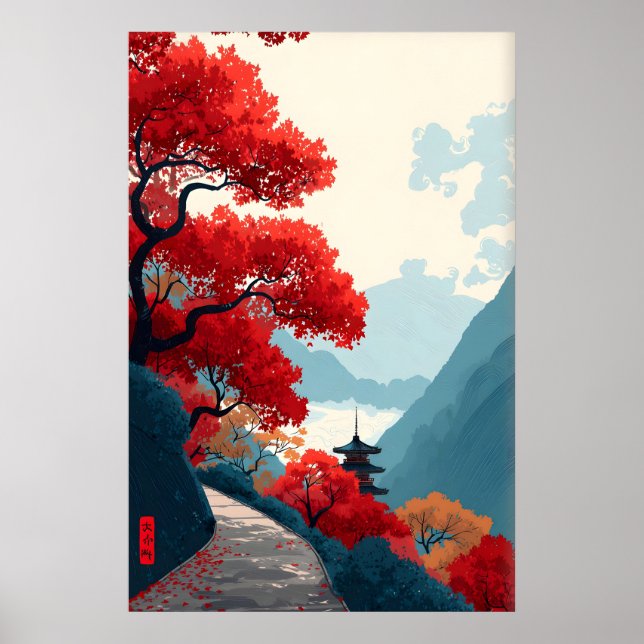 Zen Mountain Poster Red Leaf Trees, Minimalist (Front)