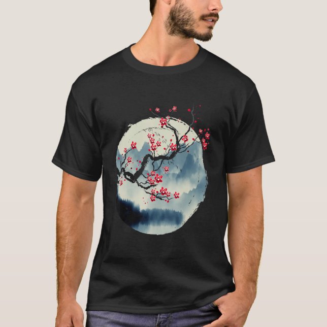 Zen Mountains Cherry Blossom Flowers Japanese Wood T-Shirt (Front)