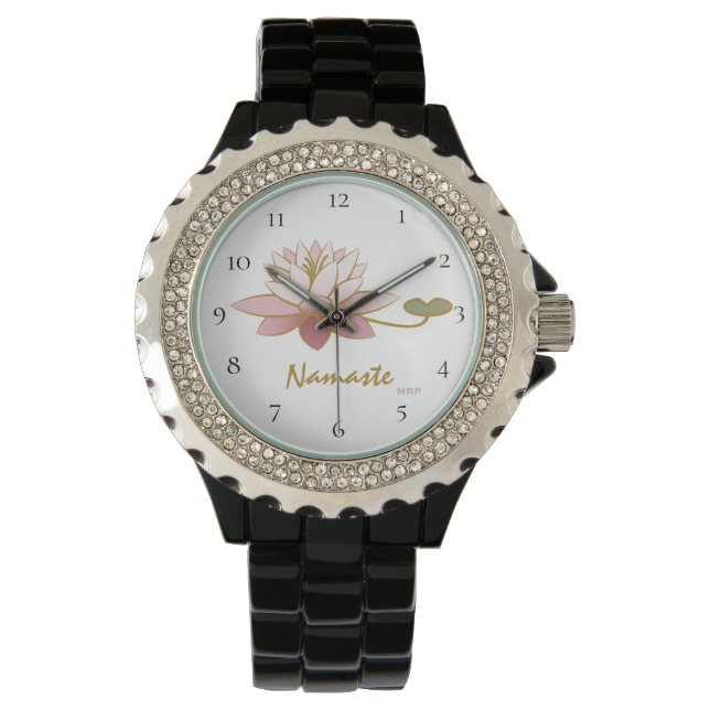 *~* Zen Namaste Pink Lotus Flower Spiritual Black Watch (Front)