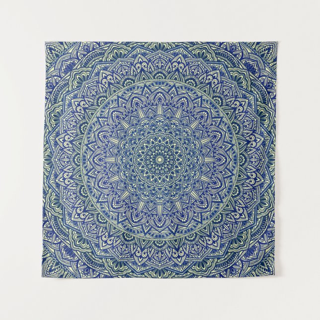 Zen Navy and yellow Mandala Tapestry (Front)