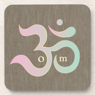 Zen Om pink green brown rustic burlap coasters