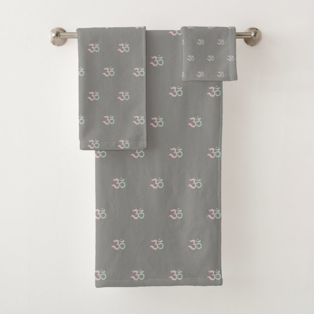 Zen Om symbol pattern Sanskrit pastel grey grey Bath Towel Set (Insitu)