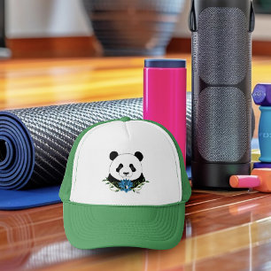 Zen Panda Bear Blue Lotus Yin Yang Green Trucker Hat
