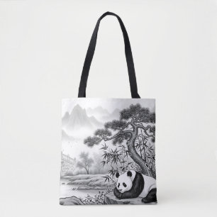 Zen Panda Pagoda Traditional Ink Wash AOP Tote Bag