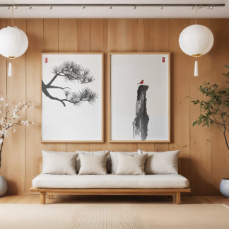 Zen Pine Bird Ink Art Wall Print Set