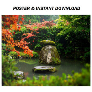 Zen Pond Garden with Water and Red Maple Poster