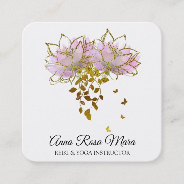 *~* Zen QR AP32  Pink Lotus Butterfly  Floral Logo Square Business Card (Front)