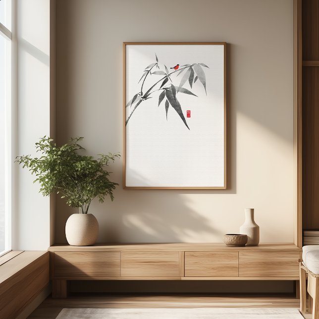 Zen Red Feather Bird Bamboo Ink Art Print (Creator Uploaded)