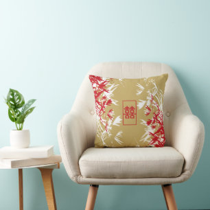 Zen Red Gold Bamboo Leaves Modern Double Happiness Cushion