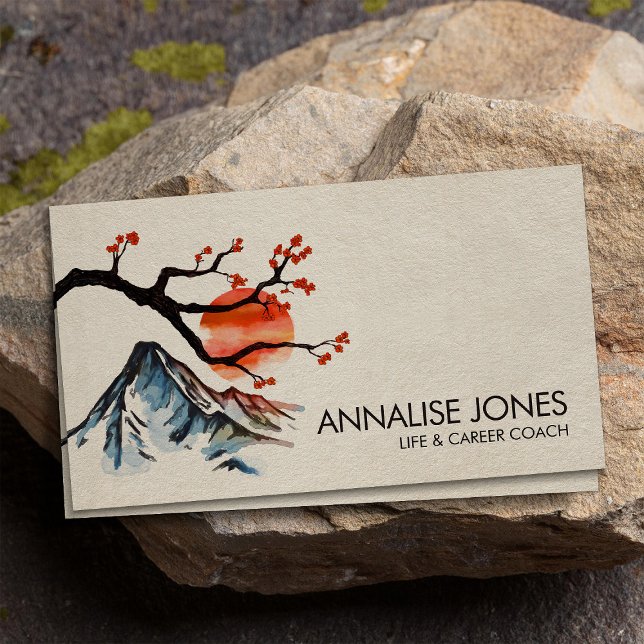 Zen Serenity Landscape - Sakura Mountain Sunset Business Card (Creator Uploaded)
