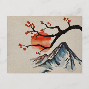 Zen Serenity Landscape - Sakura Mountain Sunset Postcard