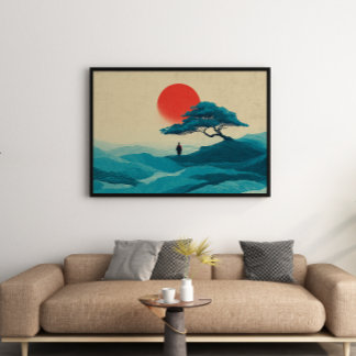 Zen Solitude Red Sun Minimalist Wall Art