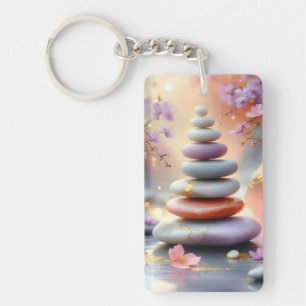 Zen Spiritual Stones Balance Floral Art Key Ring
