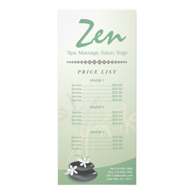 ZEN Stone YOGA SPA Massage Beauty Salon Price List Rack Card (Front)