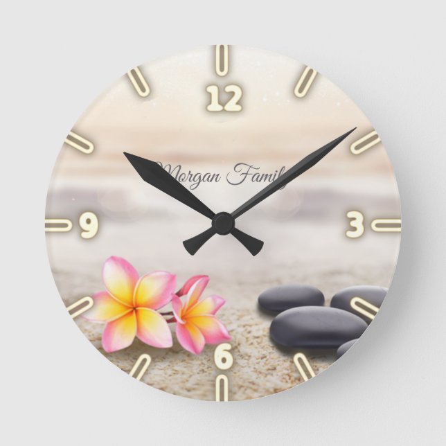 Zen Stones,Flowers,Gold Spirituality Round Clock (Front)