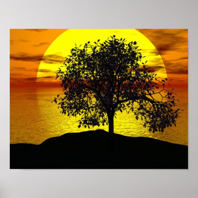 Zen Tree Sunset Orange Yellow Ocean Love Peaceful Poster (Front)