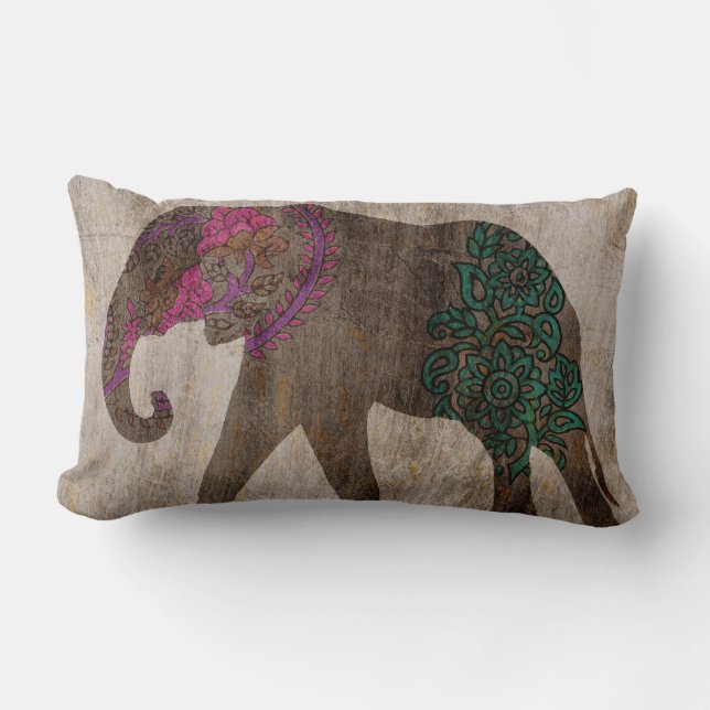 Zen Tribal Asian Elephant Lumbar Cushion (Front)
