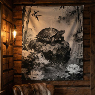 Zen Turtle Tapestry Lotus Pond Ink Art