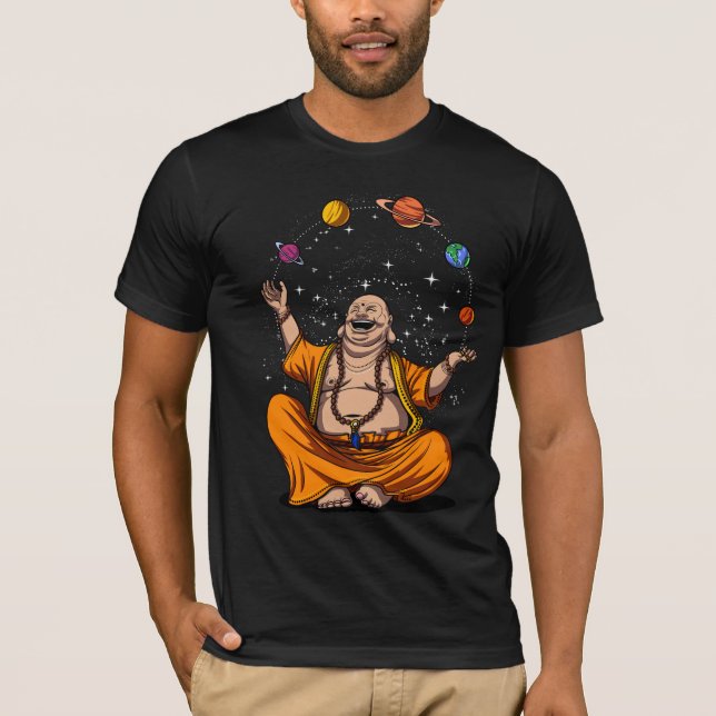 Zen Yoga Buddha Juggling Space Planets Meditation T-Shirt (Front)
