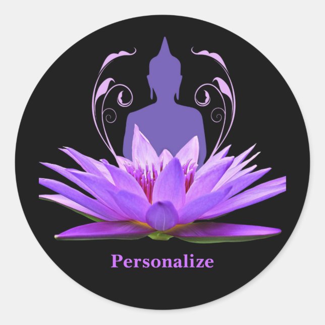 Zen Yoga Buddha Lotus Flower Purple Personalise Classic Round Sticker (Front)