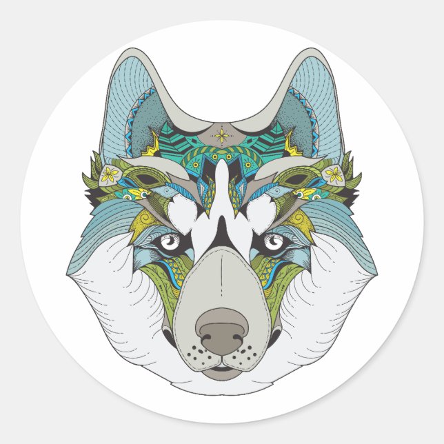 Zenart patterned Husky Dog Blue Husky Face Classic Round Sticker (Front)