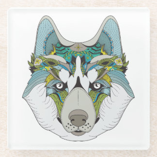 Zenart patterned Husky Dog Blue Husky Face Glass Coaster