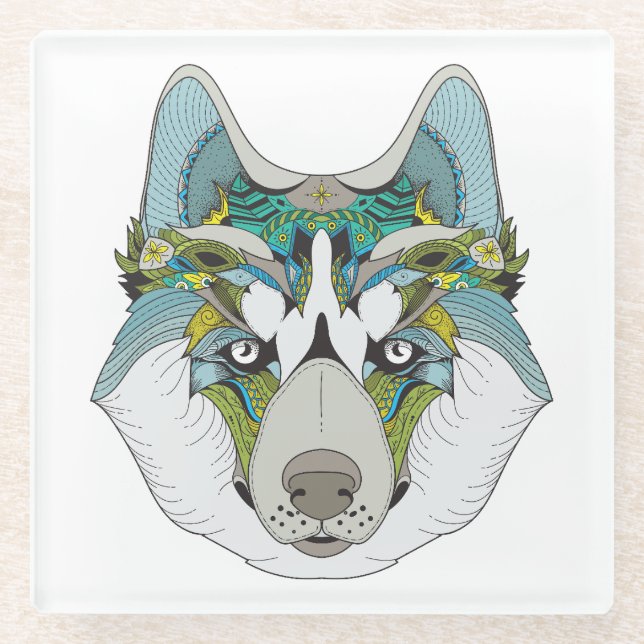 Zenart patterned Husky Dog Blue Husky Face Glass Coaster (Front)