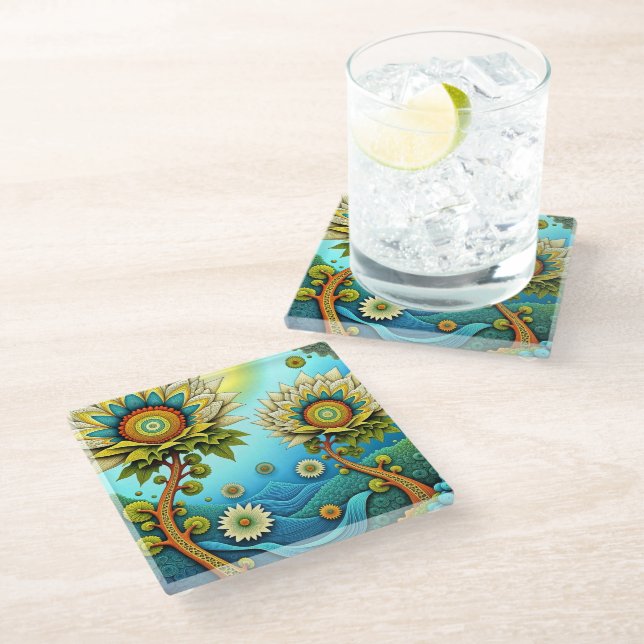 Zentangle Floral Dreamscapes Glass Coaster (Angled)