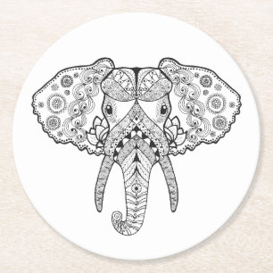 Zentangle Inspired Elephant Round Paper Coaster