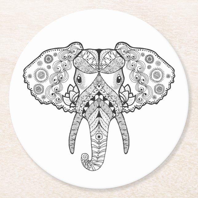 Zentangle Inspired Elephant Round Paper Coaster (Front)