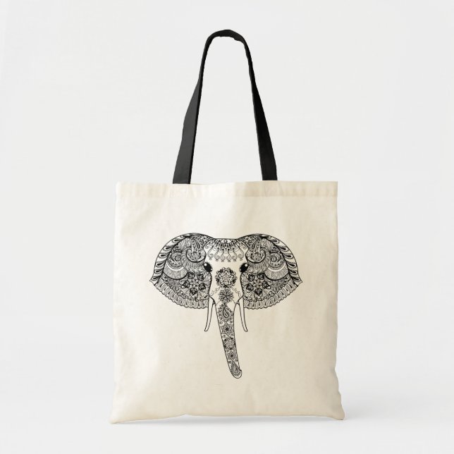 Zentangle Inspired Indian Elephant Tote Bag (Front)