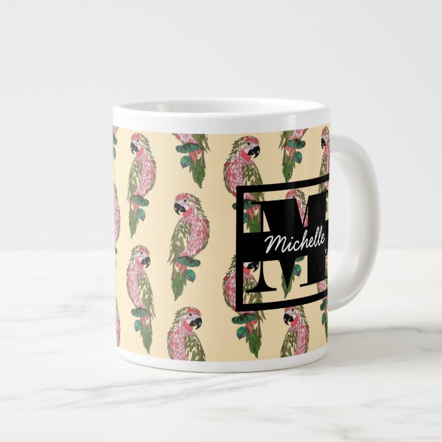 Zentangle Style Parrots | Monogram Large Coffee Mug (Front Right)