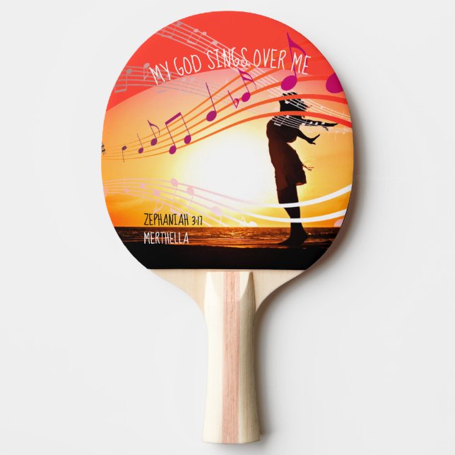 Zeph 3:17 MY GOD SINGS OVER ME Personalised RED Ping Pong Paddle (Front)