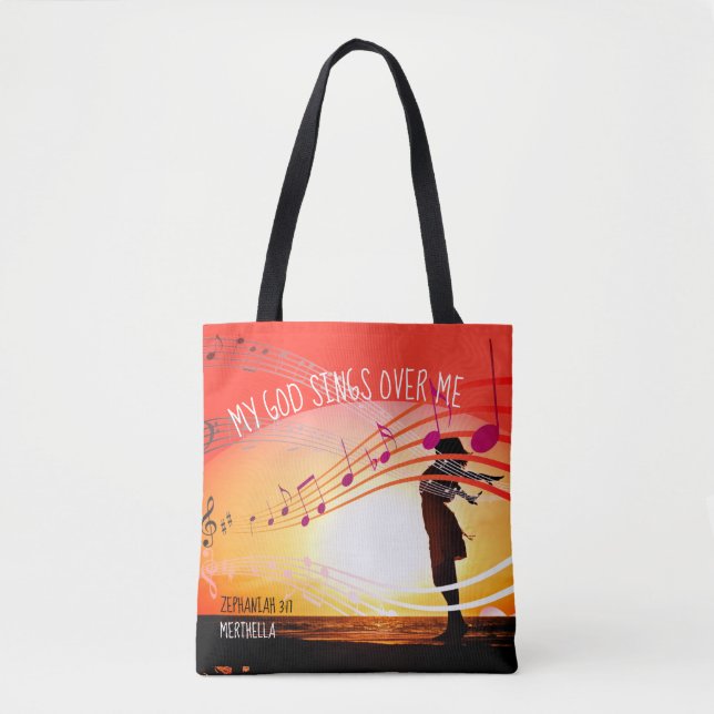 Zephaniah 3:17 MY GOD SINGS OVER ME Red Christian Tote Bag (Front)