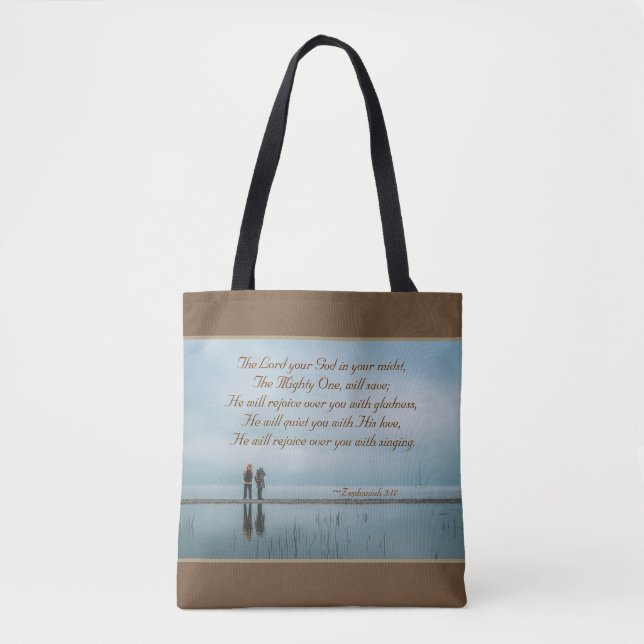 Zephaniah 3:17 Rejoice over you with singing. Tote Bag (Front)