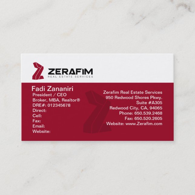 Zerafim Standard 2-Sided Business Card (w/Photo) (Front)
