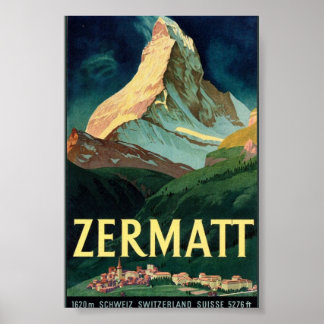 Zermatt Mountain, Switzerland, Vintage Poster