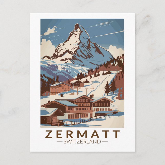 Zermatt Switzerland Illustration Travel Art Retro Postcard (Front)